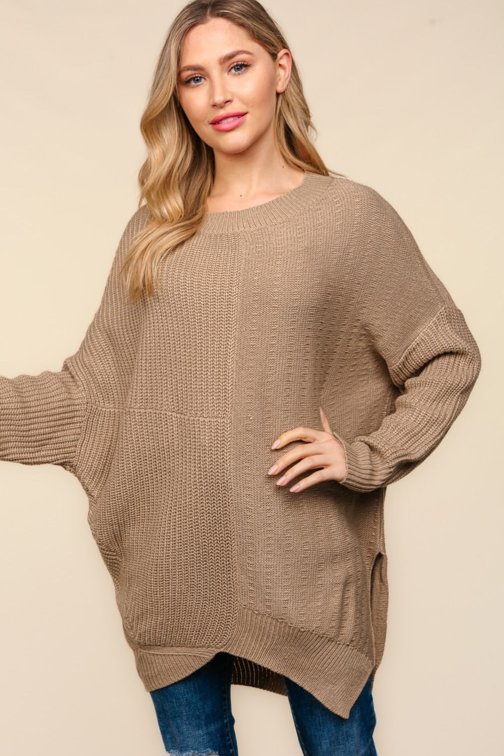 Bougie Royale Full Size Side Slit Texture Asymmetric Sweater