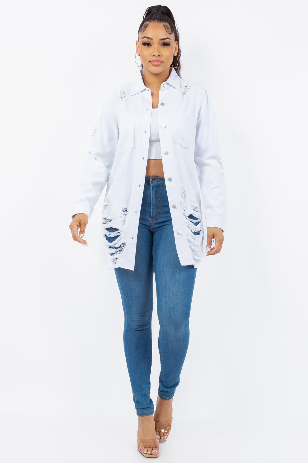 Bougie Royale Distressed Button Up Long Sleeve Denim Jacket