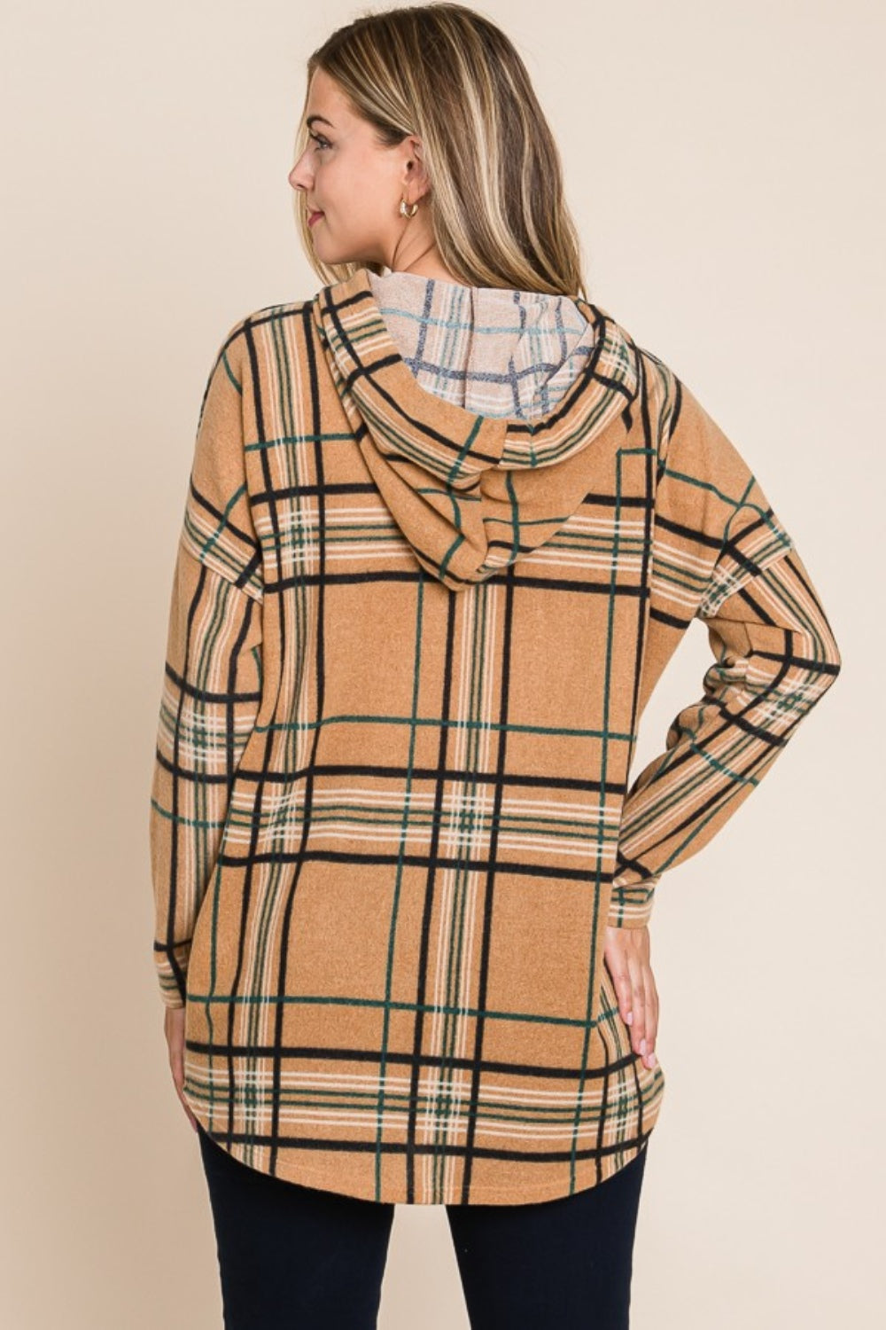 Bougie Royale Drawstring Plaid Long Sleeve Hoodie