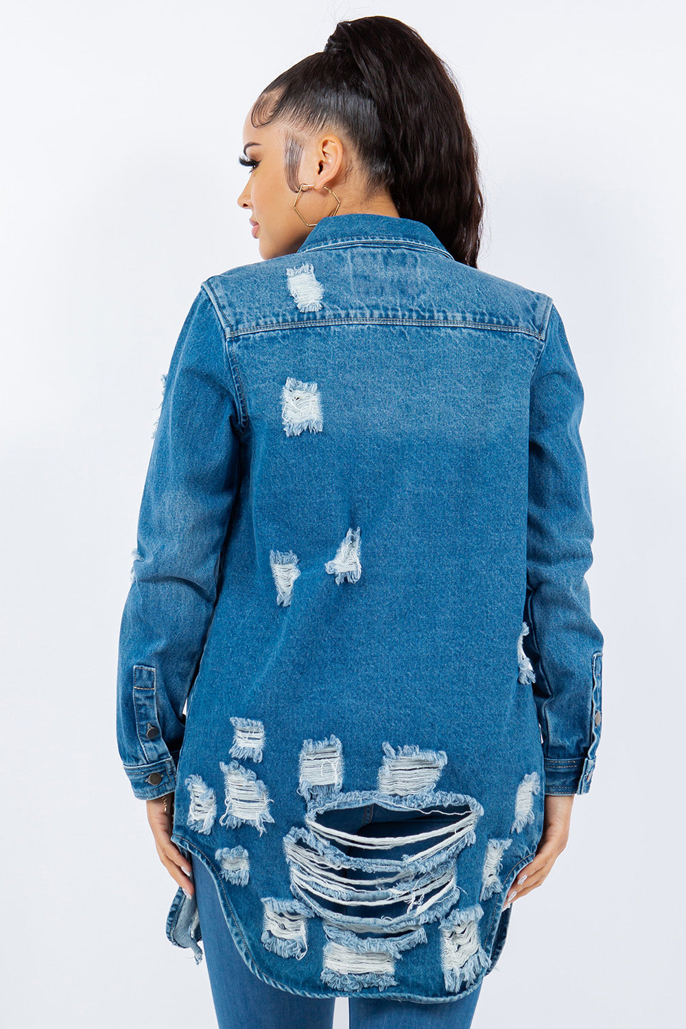 Bougie Royale Distressed Button Up Long Sleeve Denim Jacket