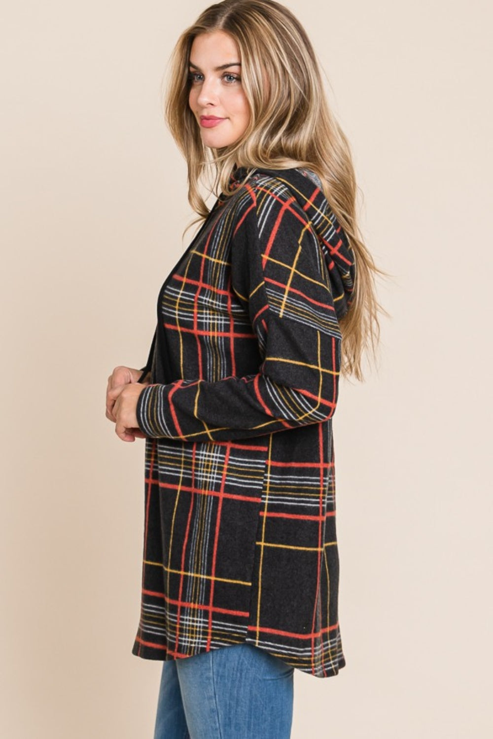 Bougie Royale Drawstring Plaid Long Sleeve Hoodie