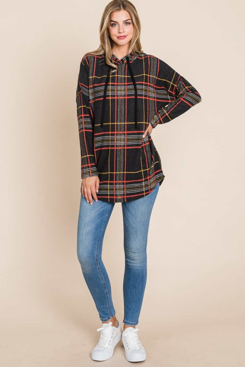 Bougie Royale Drawstring Plaid Long Sleeve Hoodie