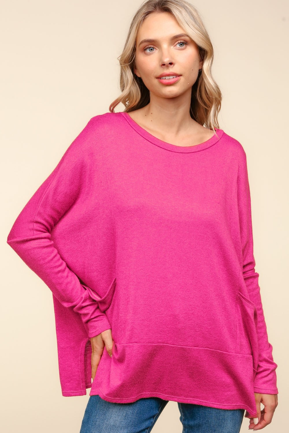 Bougie Royale Dolman Long Sleeve Oversized Knit Top with Pockets