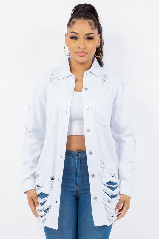 Bougie Royale Distressed Button Up Long Sleeve Denim Jacket