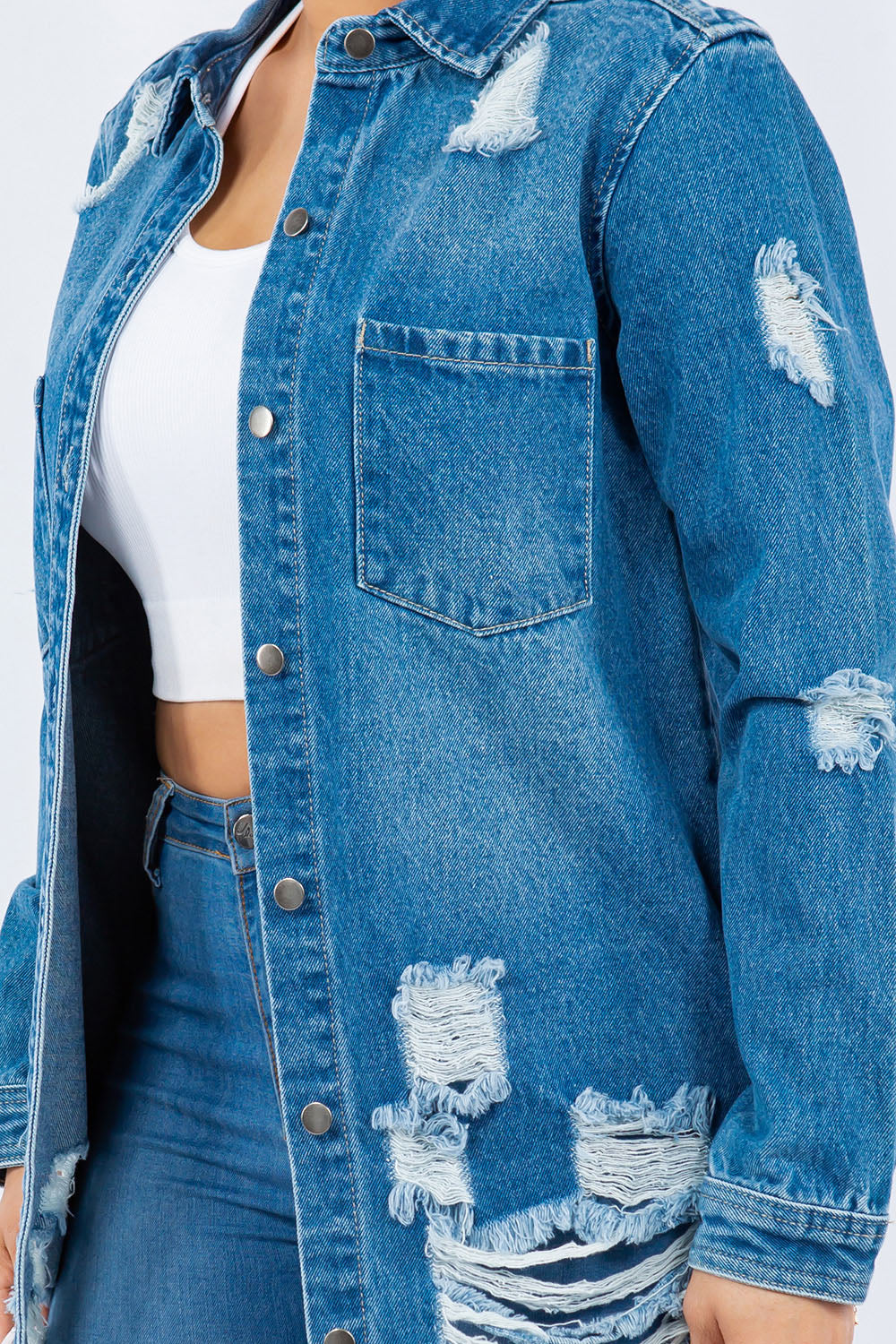 Bougie Royale Distressed Button Up Long Sleeve Denim Jacket