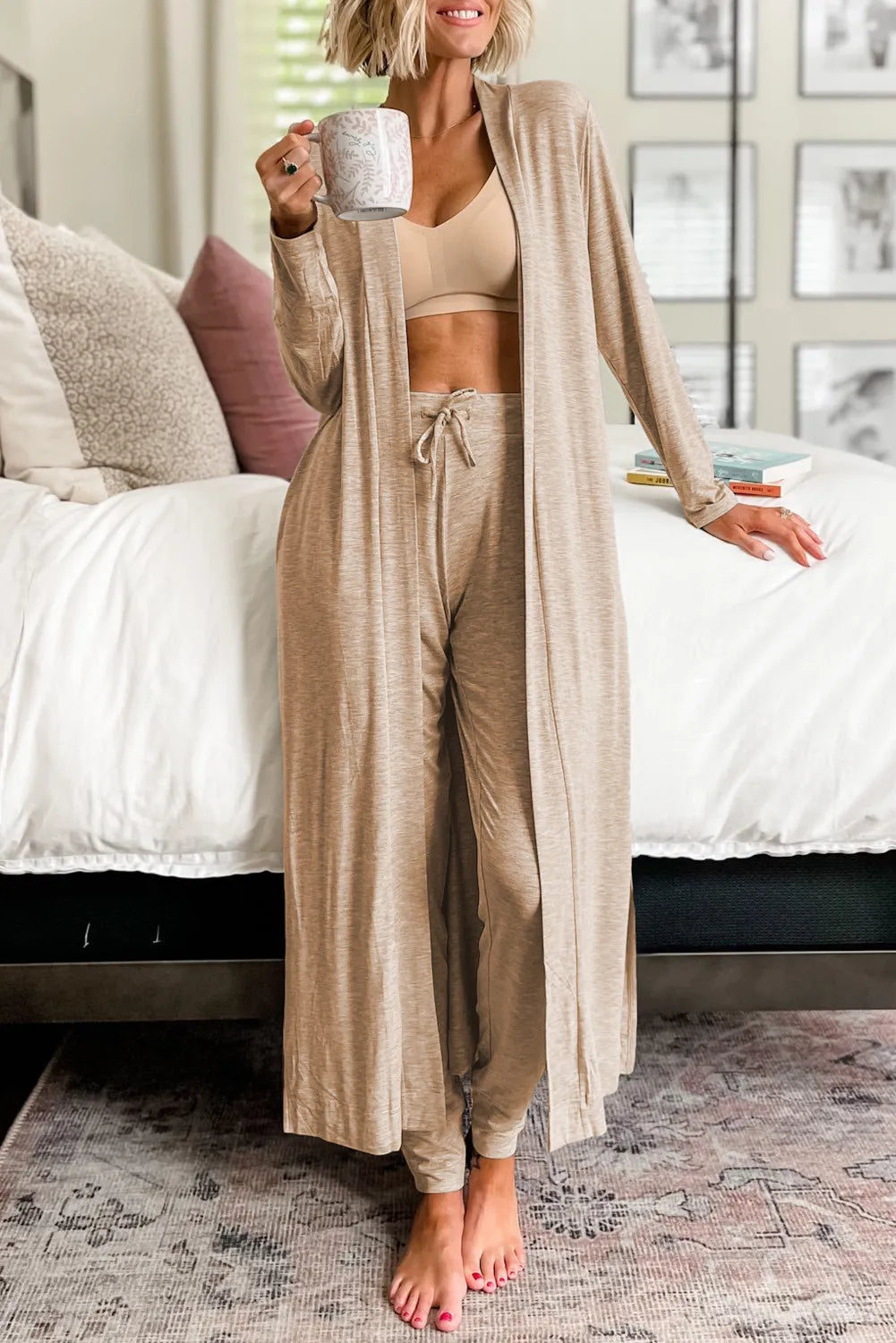 Bougie Royale Open Front Long Sleeve Cardigan and Pants Lounge Set