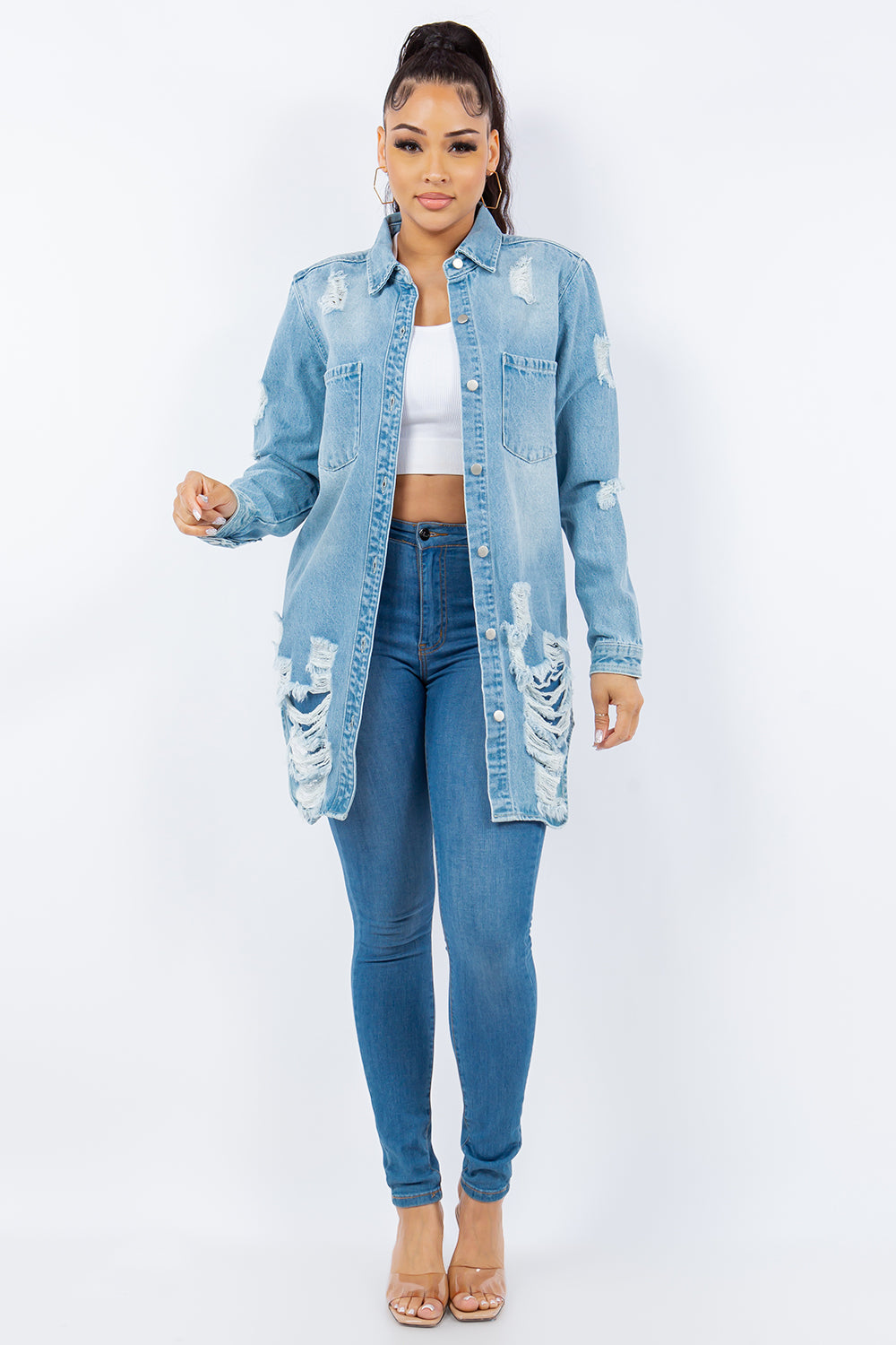 Bougie Royale Distressed Button Up Long Sleeve Denim Jacket