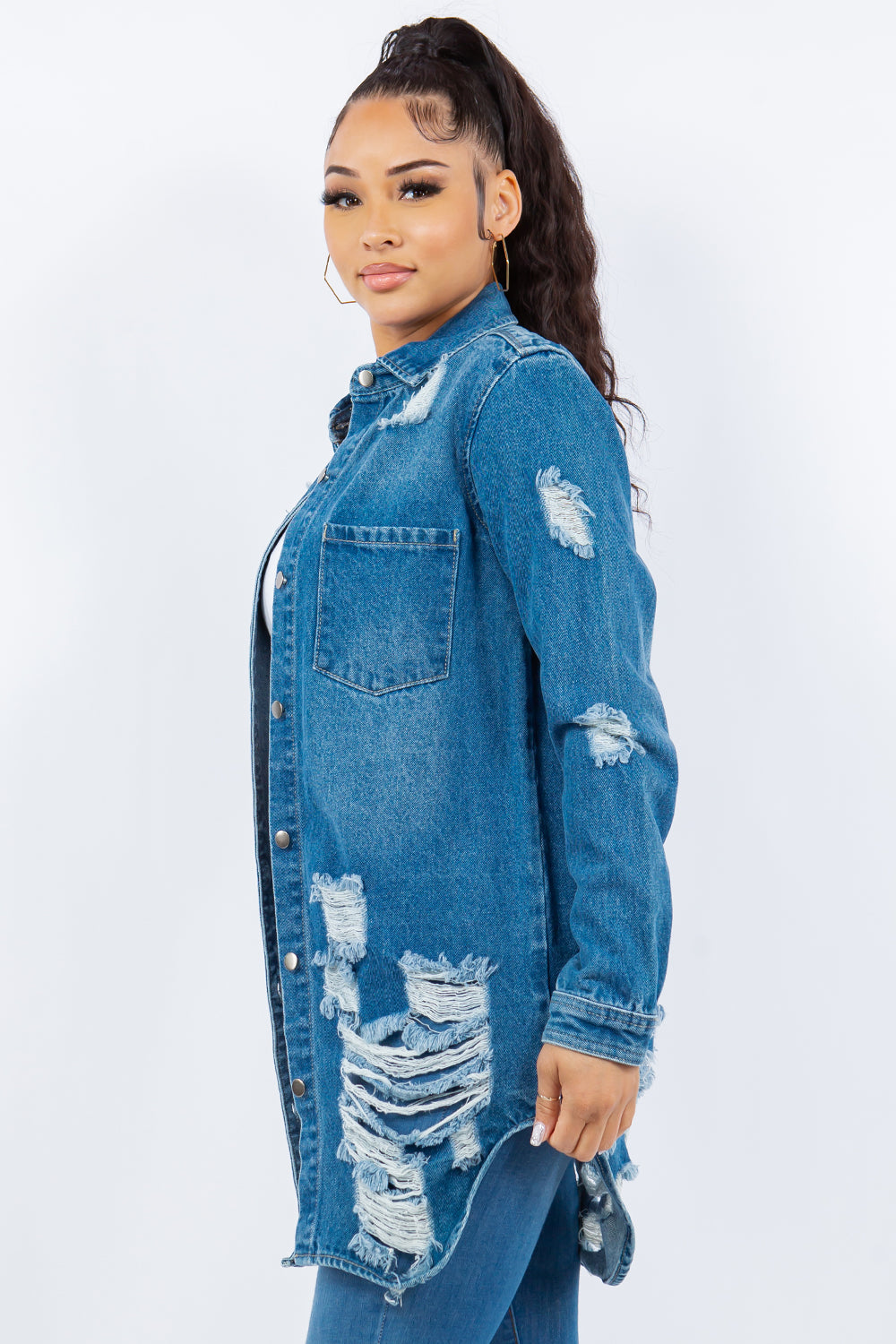 Bougie Royale Distressed Button Up Long Sleeve Denim Jacket