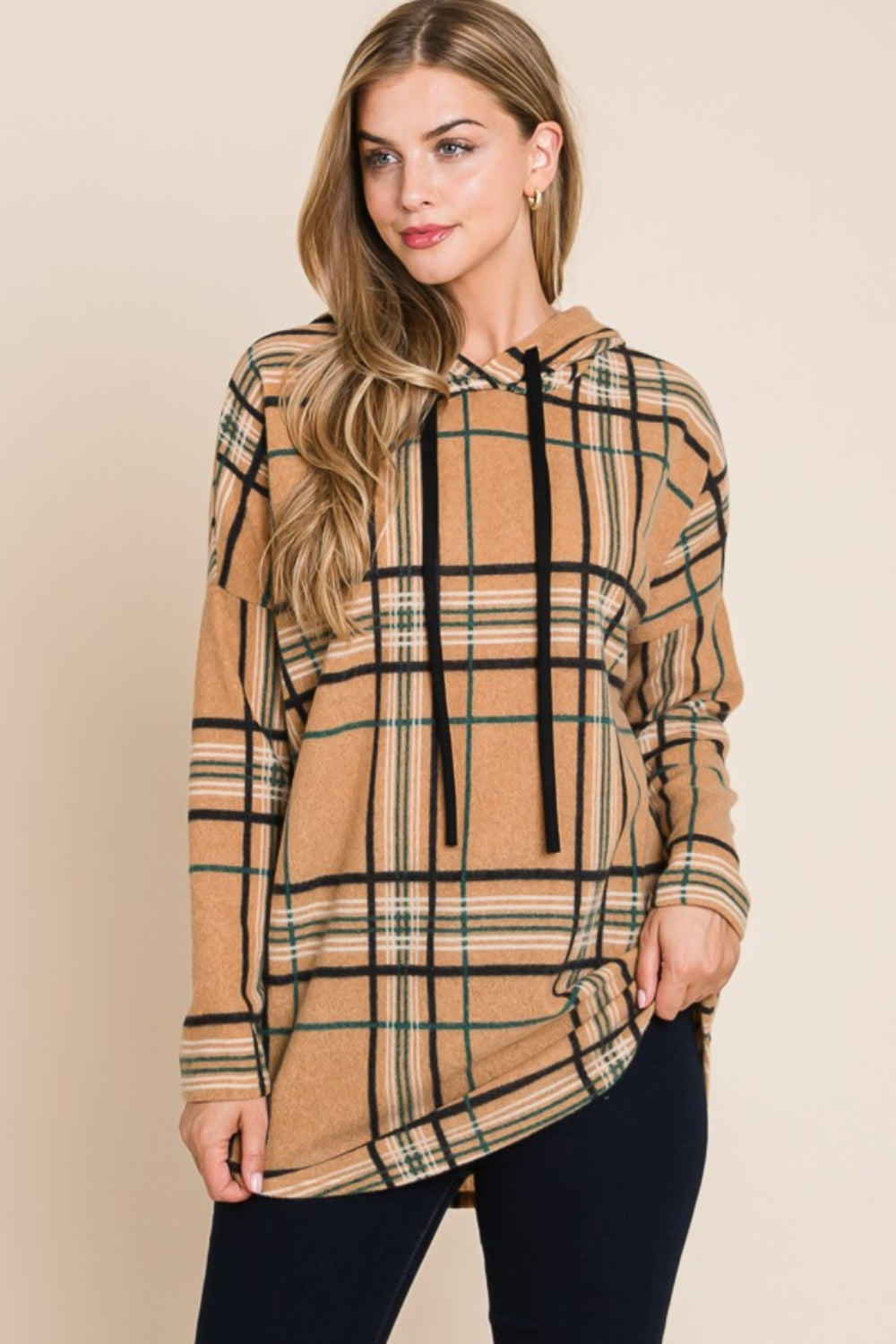 Bougie Royale Drawstring Plaid Long Sleeve Hoodie