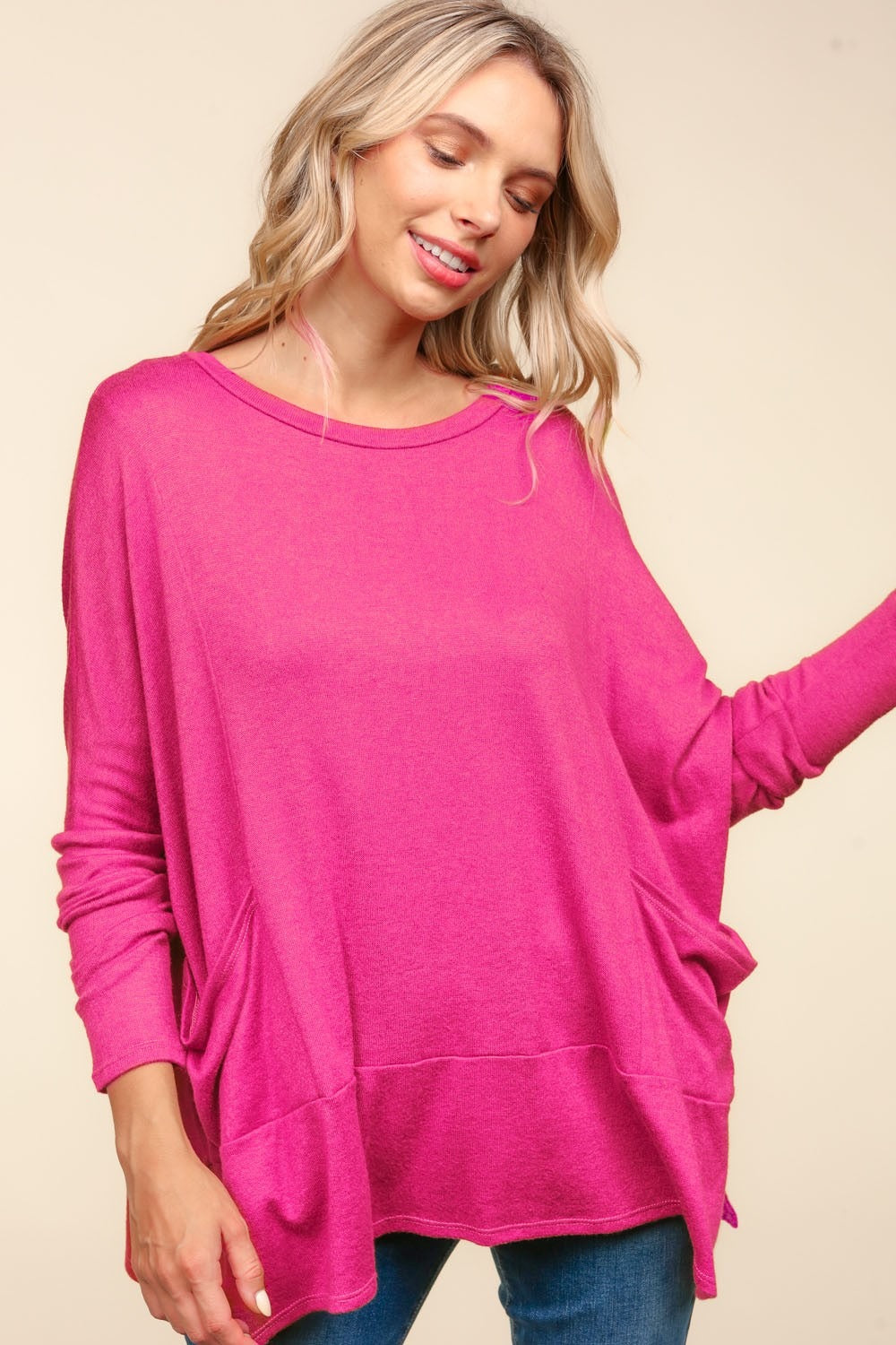 Bougie Royale Dolman Long Sleeve Oversized Knit Top with Pockets