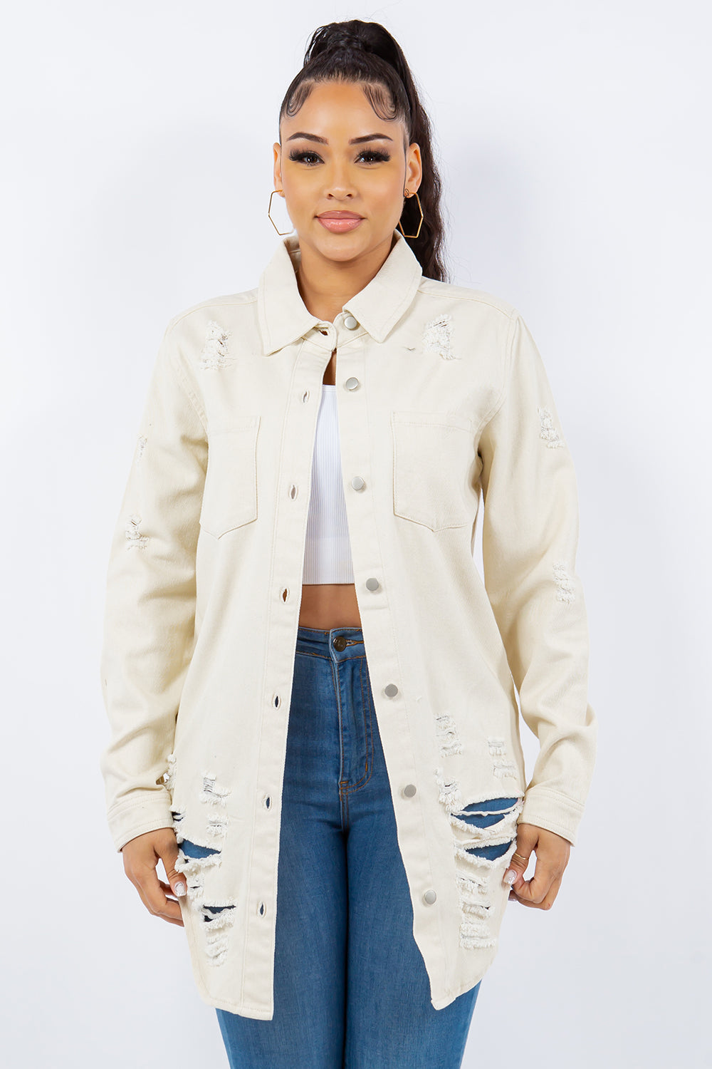 Bougie Royale Distressed Button Up Long Sleeve Denim Jacket