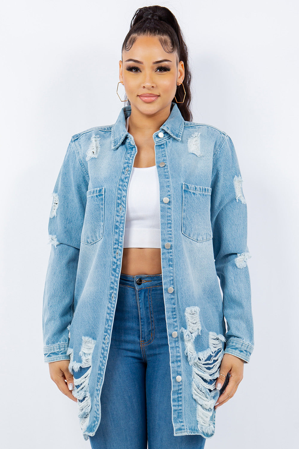 Bougie Royale Distressed Button Up Long Sleeve Denim Jacket