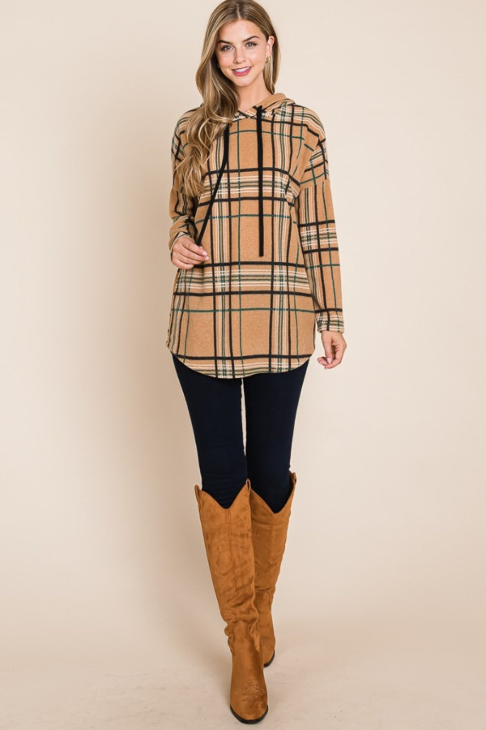 Bougie Royale Drawstring Plaid Long Sleeve Hoodie