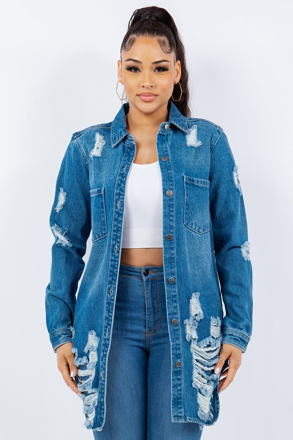 Bougie Royale Distressed Button Up Long Sleeve Denim Jacket