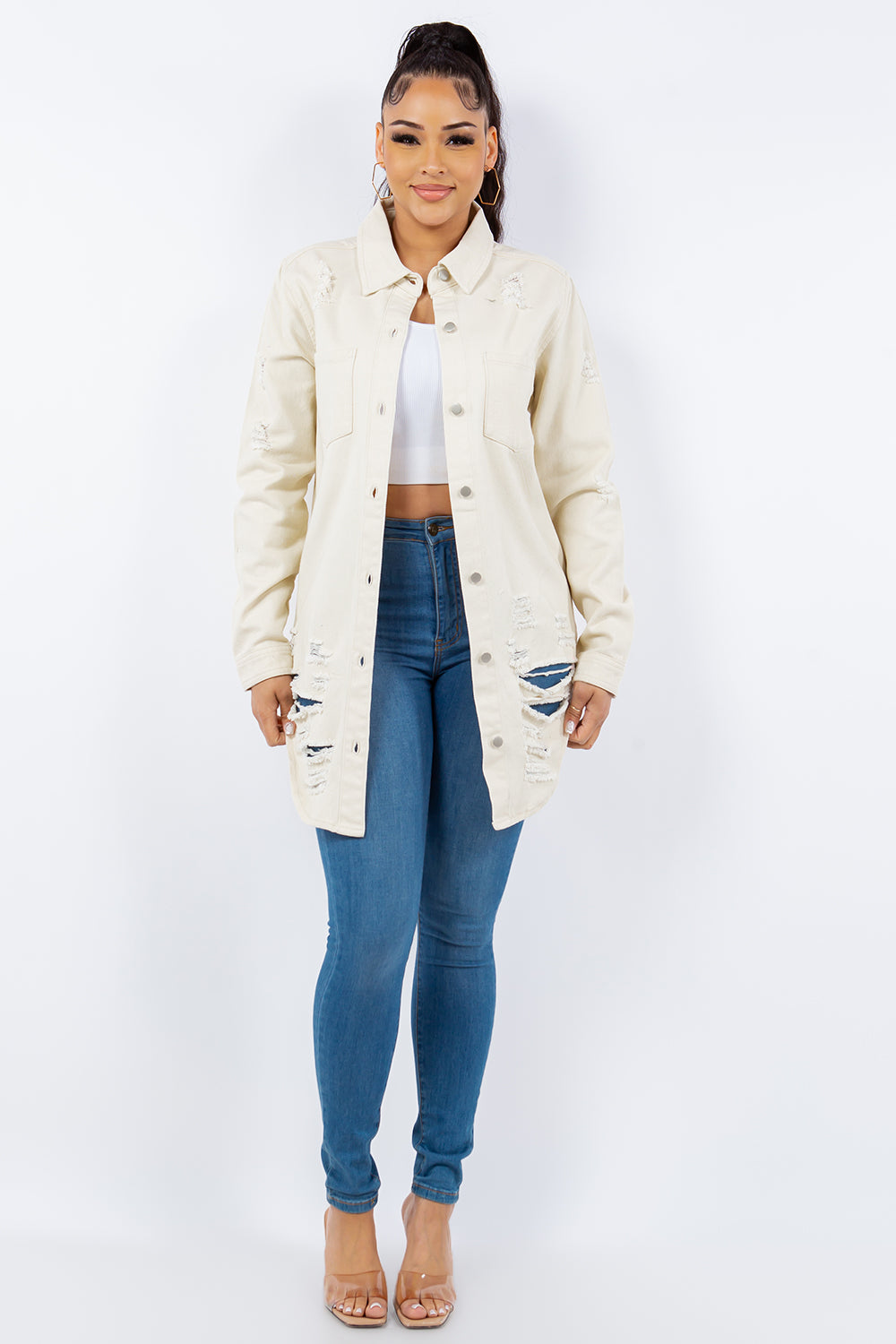 Bougie Royale Distressed Button Up Long Sleeve Denim Jacket