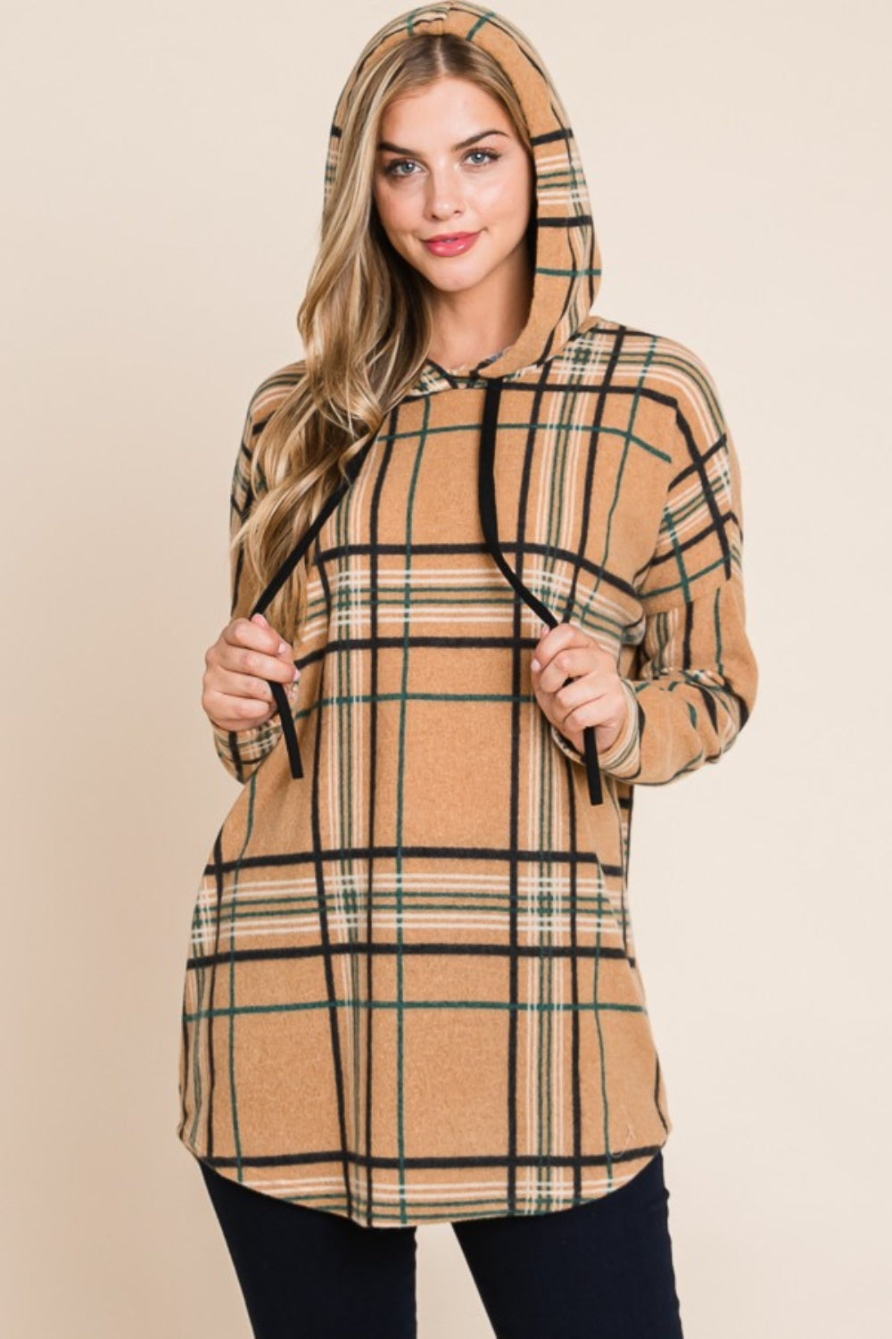 Bougie Royale Drawstring Plaid Long Sleeve Hoodie