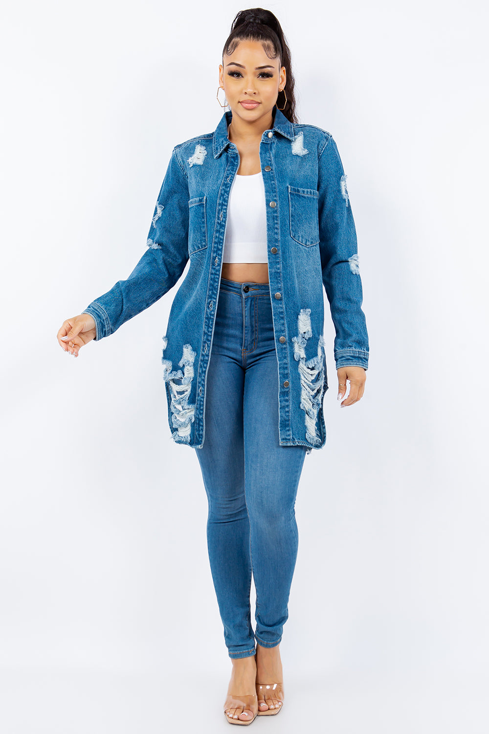 Bougie Royale Distressed Button Up Long Sleeve Denim Jacket