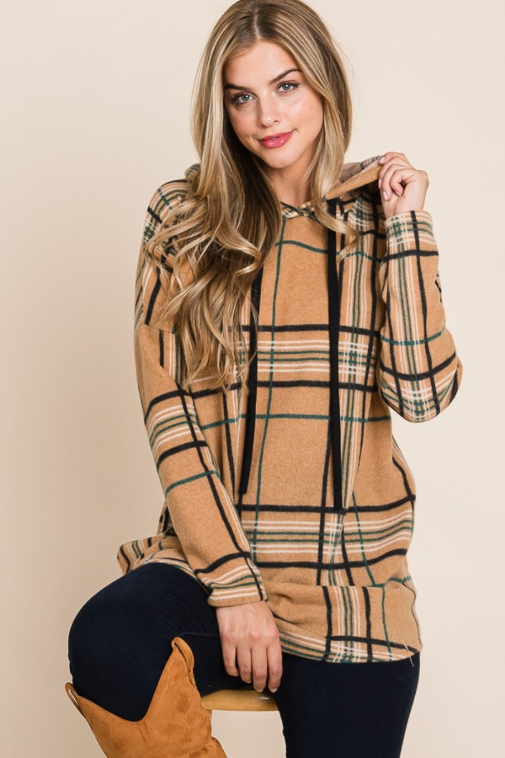 Bougie Royale Drawstring Plaid Long Sleeve Hoodie