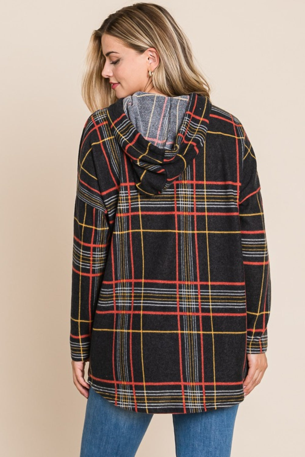 Bougie Royale Drawstring Plaid Long Sleeve Hoodie