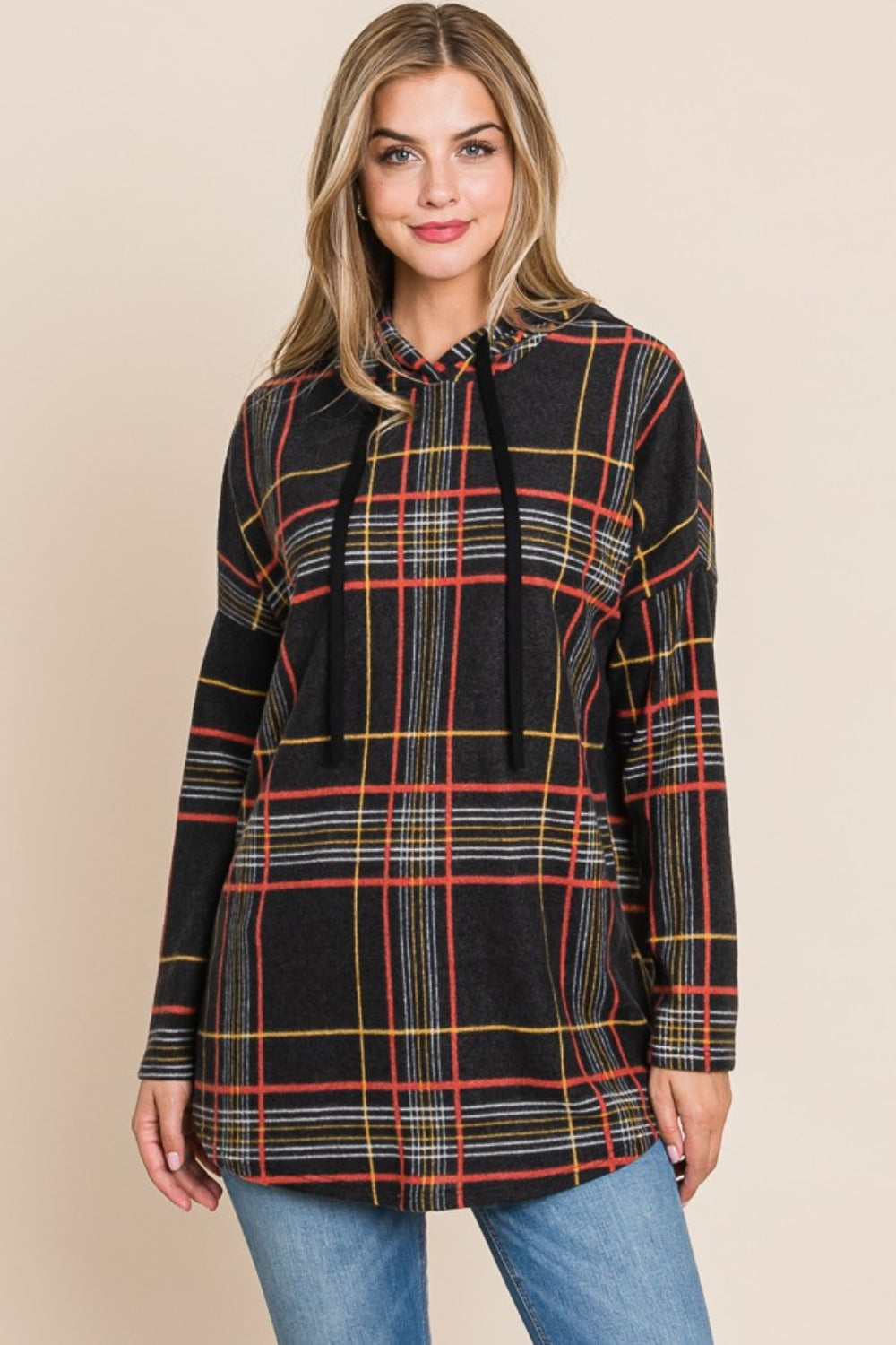 Bougie Royale Drawstring Plaid Long Sleeve Hoodie