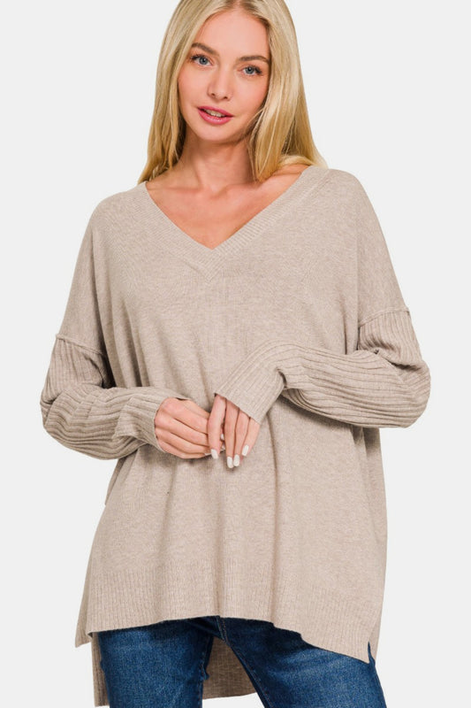 Bougie Royale V-Neck Side Slit High-Low Sweater