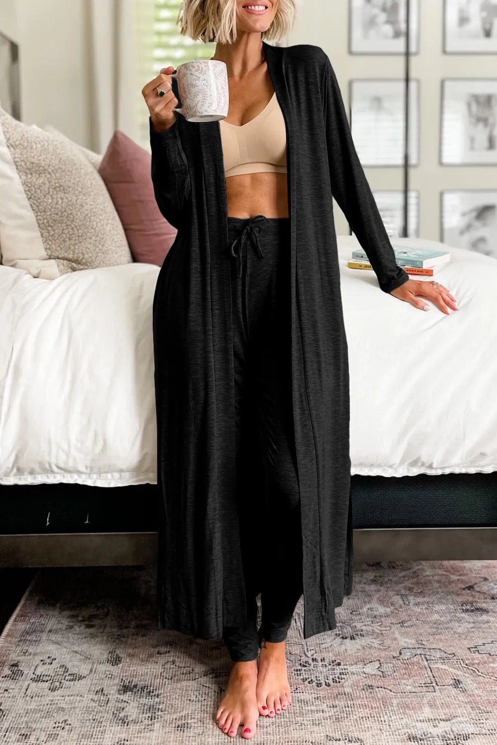 Bougie Royale Open Front Long Sleeve Cardigan and Pants Lounge Set