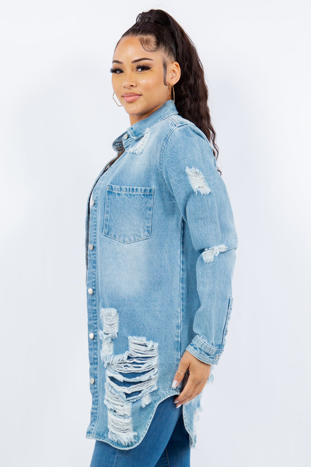 Bougie Royale Distressed Button Up Long Sleeve Denim Jacket