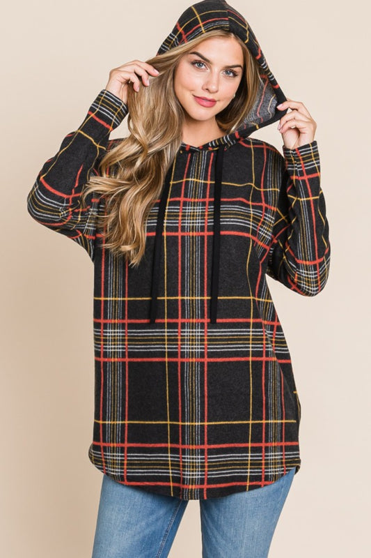 Bougie Royale Drawstring Plaid Long Sleeve Hoodie