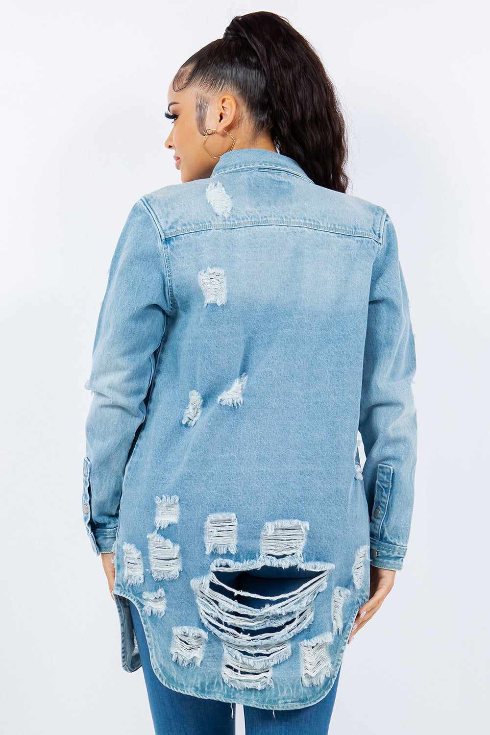 Bougie Royale Distressed Button Up Long Sleeve Denim Jacket