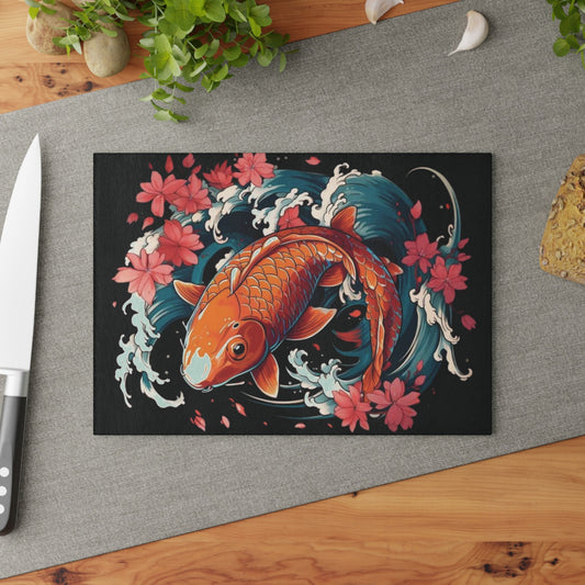 Asian Carp on the waves Glass Cutting Board