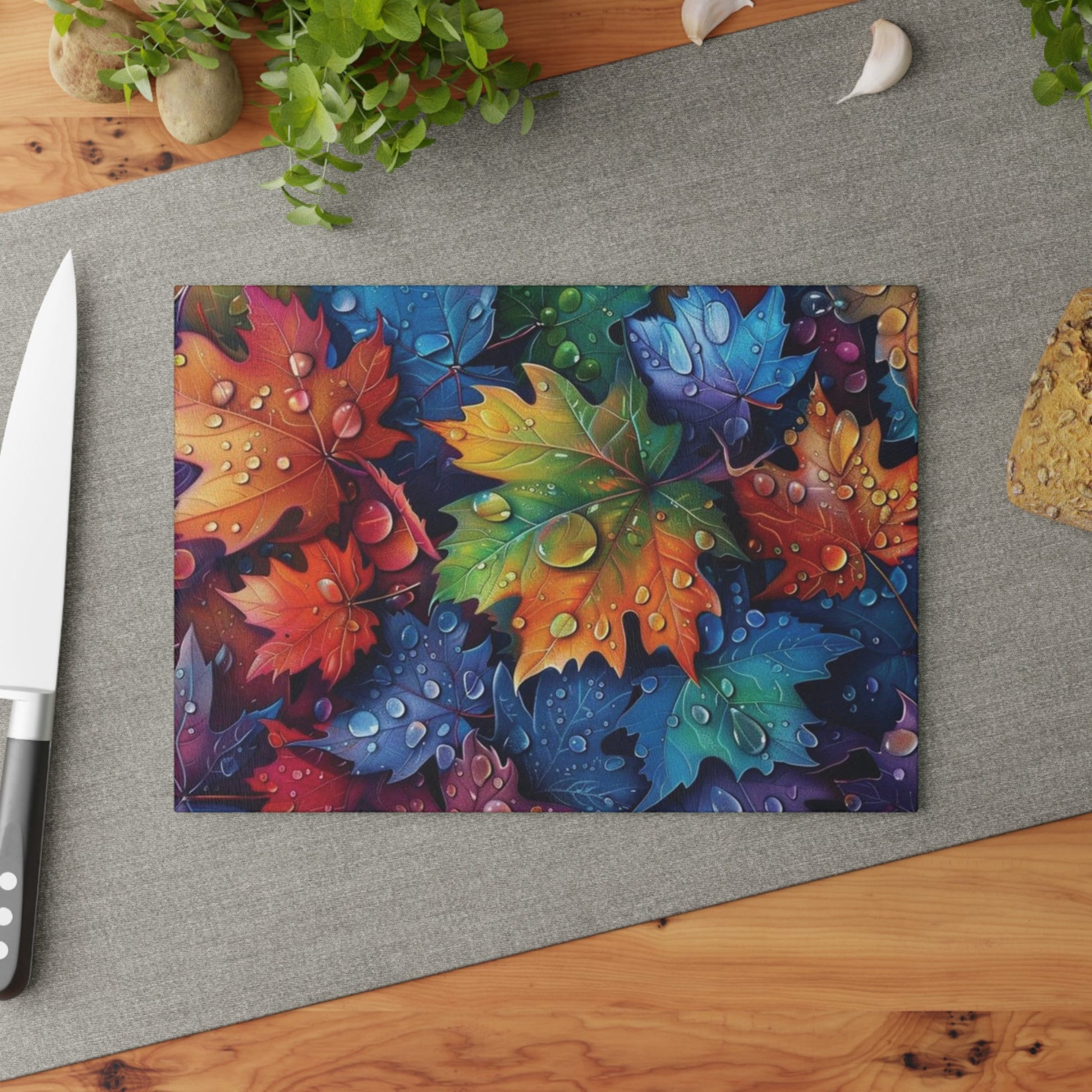 Beautiful fall leaves in the rain Glass Cutting Board