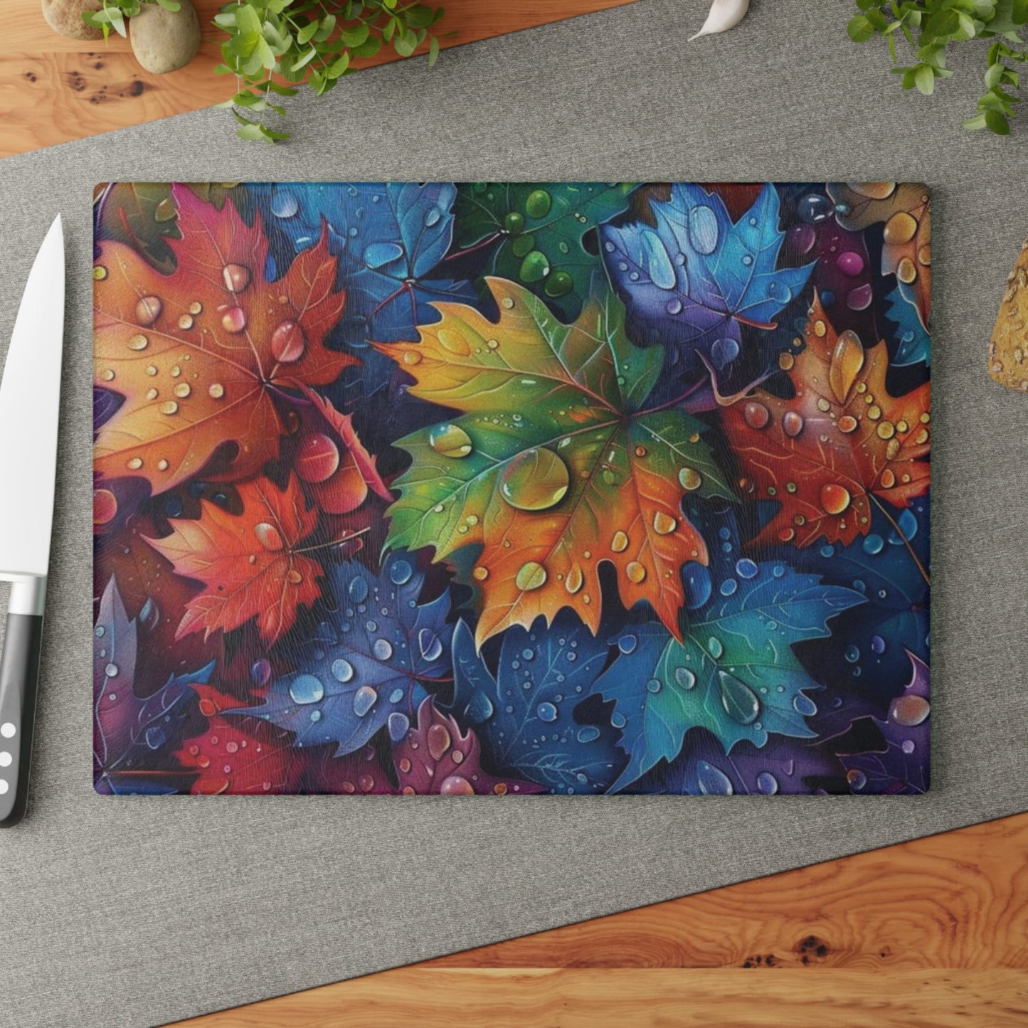 Beautiful fall leaves in the rain Glass Cutting Board