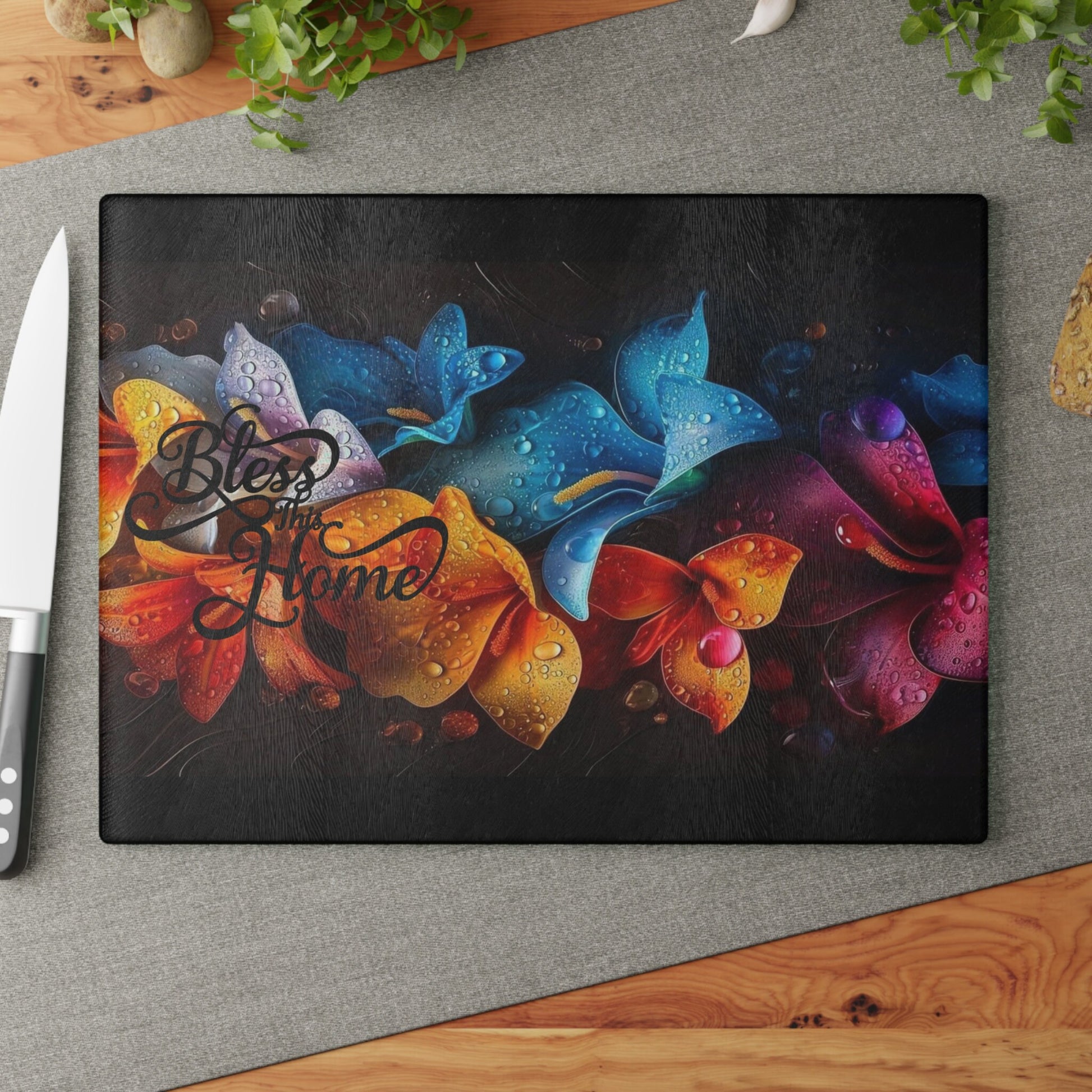 Colorful flowers bless this home inspired Glass Cutting Board