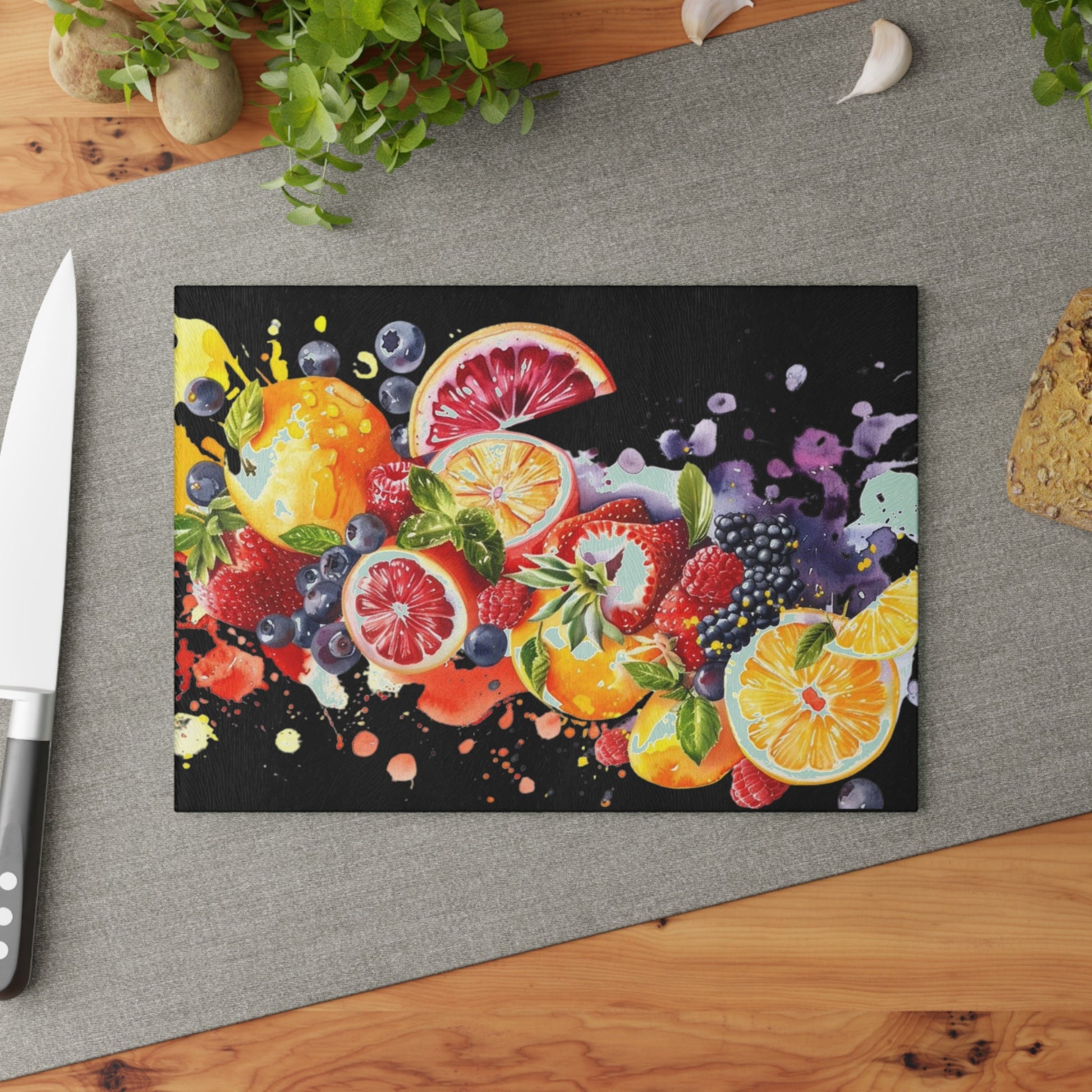 Caribbean fruit inspiration on black Glass Cutting Board