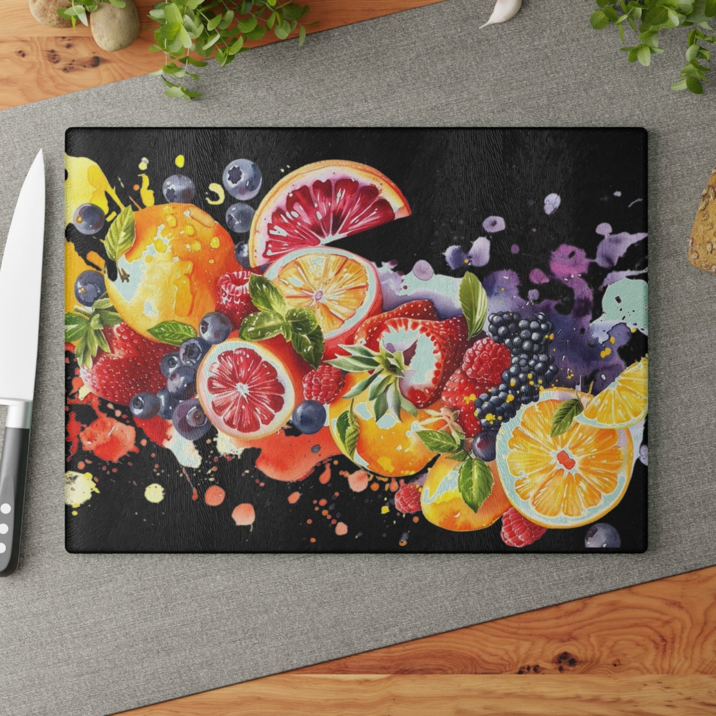 Caribbean fruit inspiration on black Glass Cutting Board