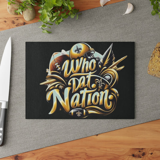 Who Dat nation New Orleans Black and Gold Glass Cutting Board