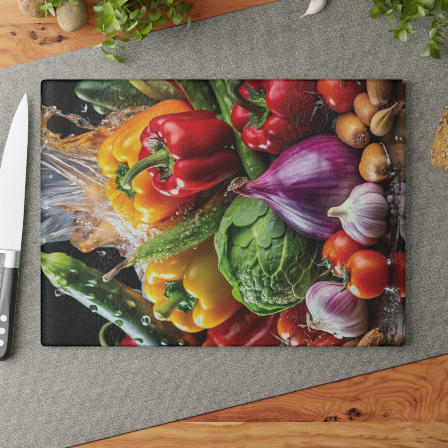 Delicious vegetable art inspired Glass Cutting Board