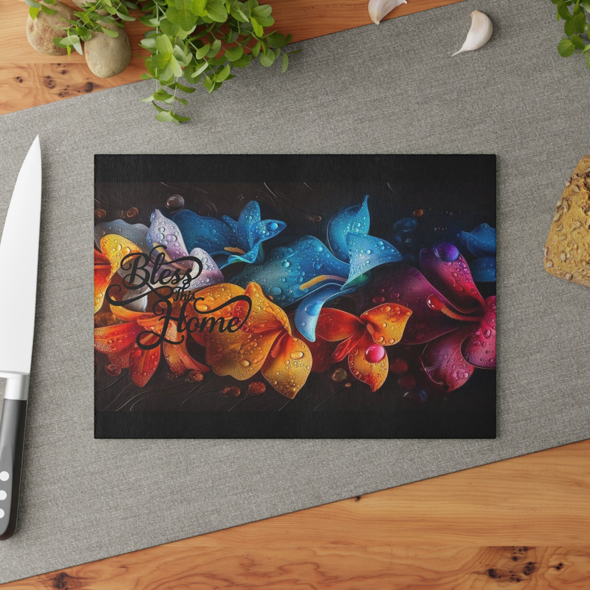 Colorful flowers bless this home inspired Glass Cutting Board