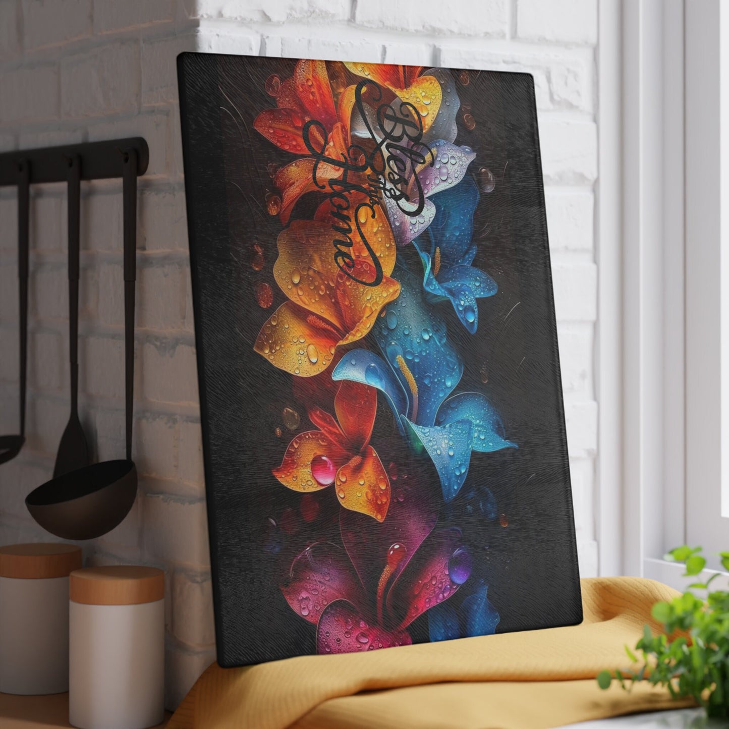 Colorful flowers bless this home inspired Glass Cutting Board