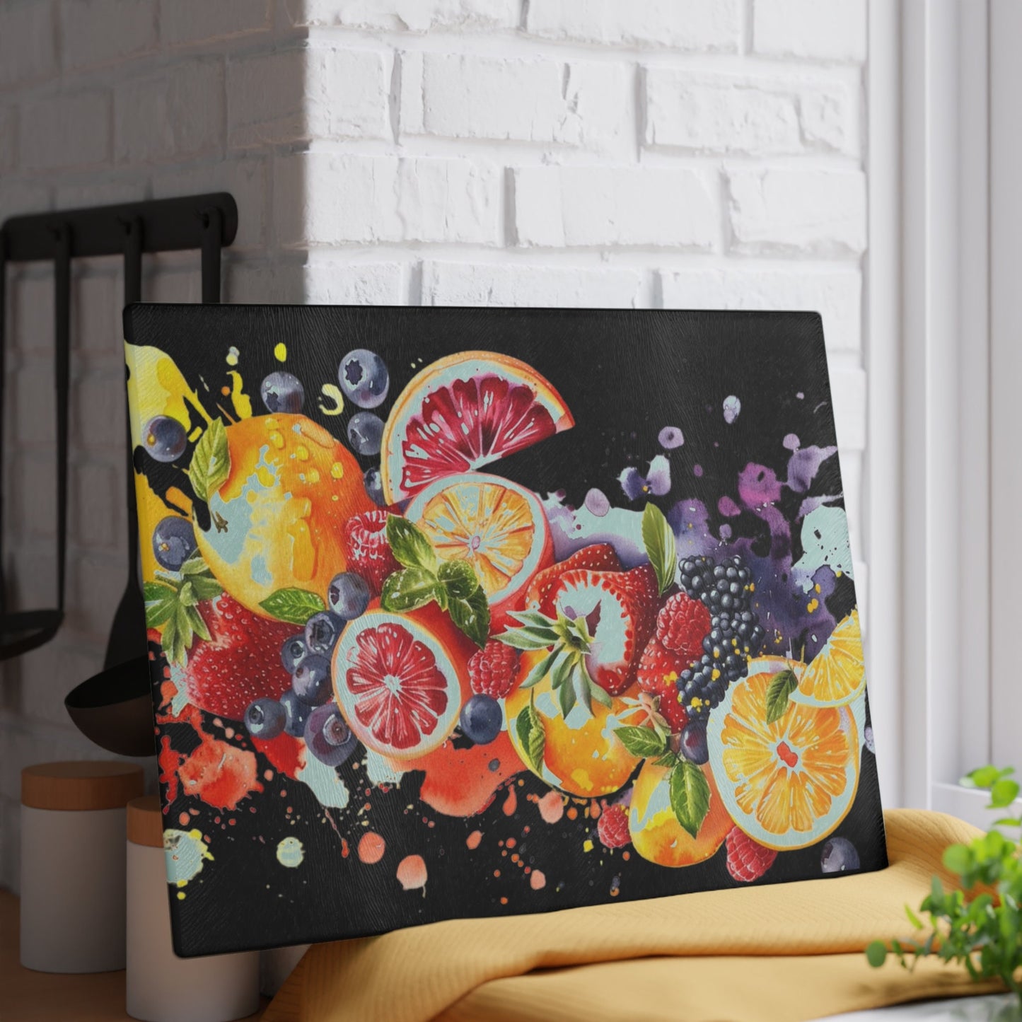 Caribbean fruit inspiration on black Glass Cutting Board