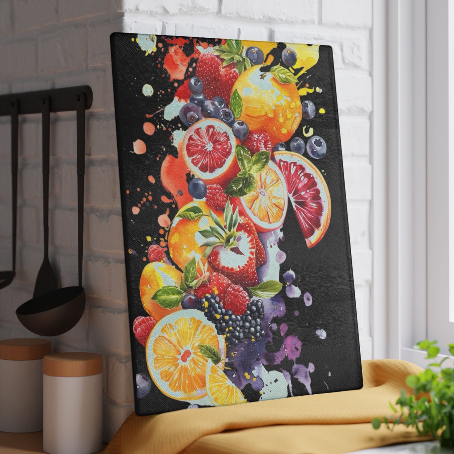 Caribbean fruit inspiration on black Glass Cutting Board